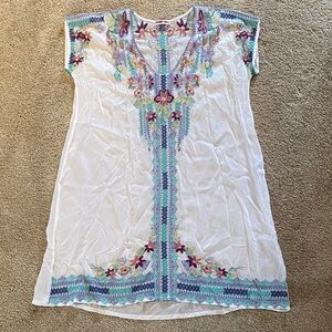 Johnny Was Tunic Mini Dress Embroidered V Neck White Blue Pink Size XS